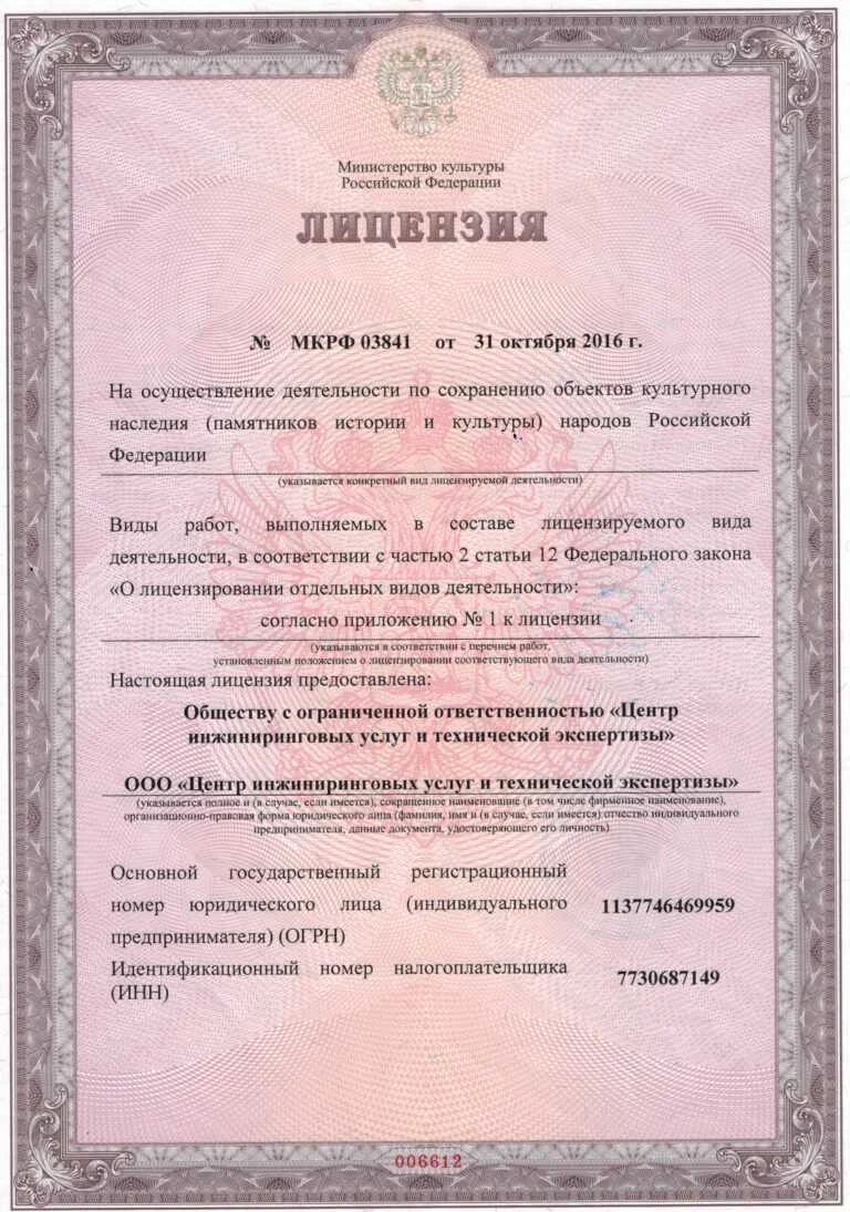 Лицензия Министерства культуры Российской Федерации № МКРФ 03841 от «31» октября 2016 года